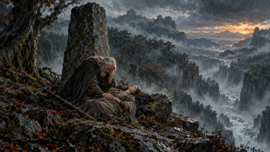 The aged Húrin mourns Morwen beside the Stone of the Hapless above the river gorge in Brethil.