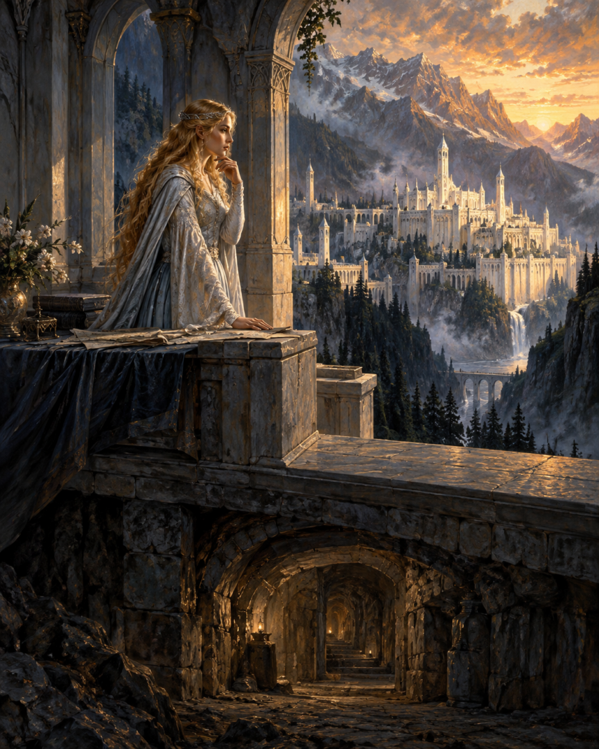 Idril Celebrindal overlooking the white towers of Gondolin with a concealed escape passage beneath the city.
