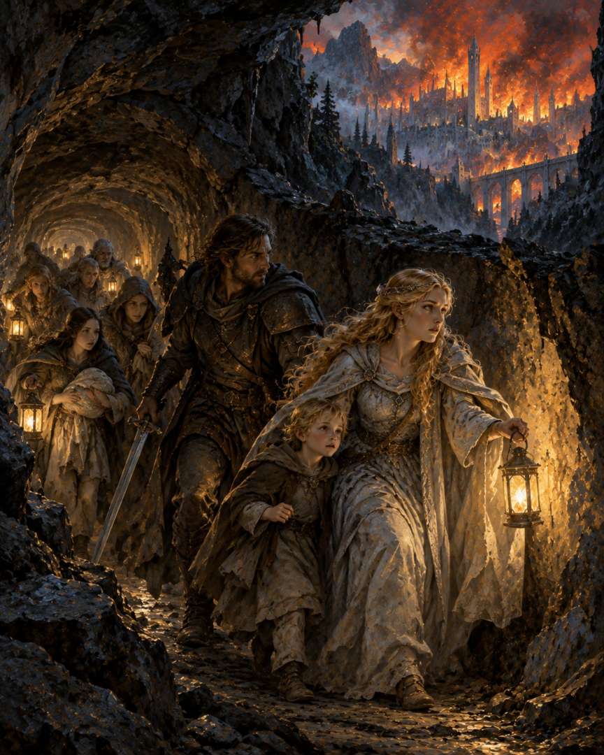 Idril and Tuor guiding young Eärendil and other survivors through the secret tunnel beneath Gondolin.