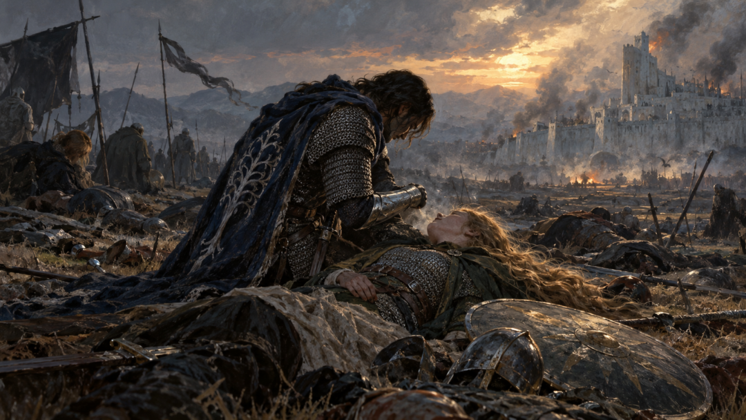 Prince Imrahil detects Éowyn’s breath on his polished vambrace after the Battle of the Pelennor Fields.