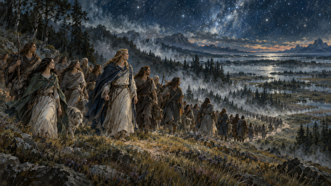 Ingwë leading the Minyar westward from Cuiviénen as the entire first clan accepts the summons and begins the Great Journey.