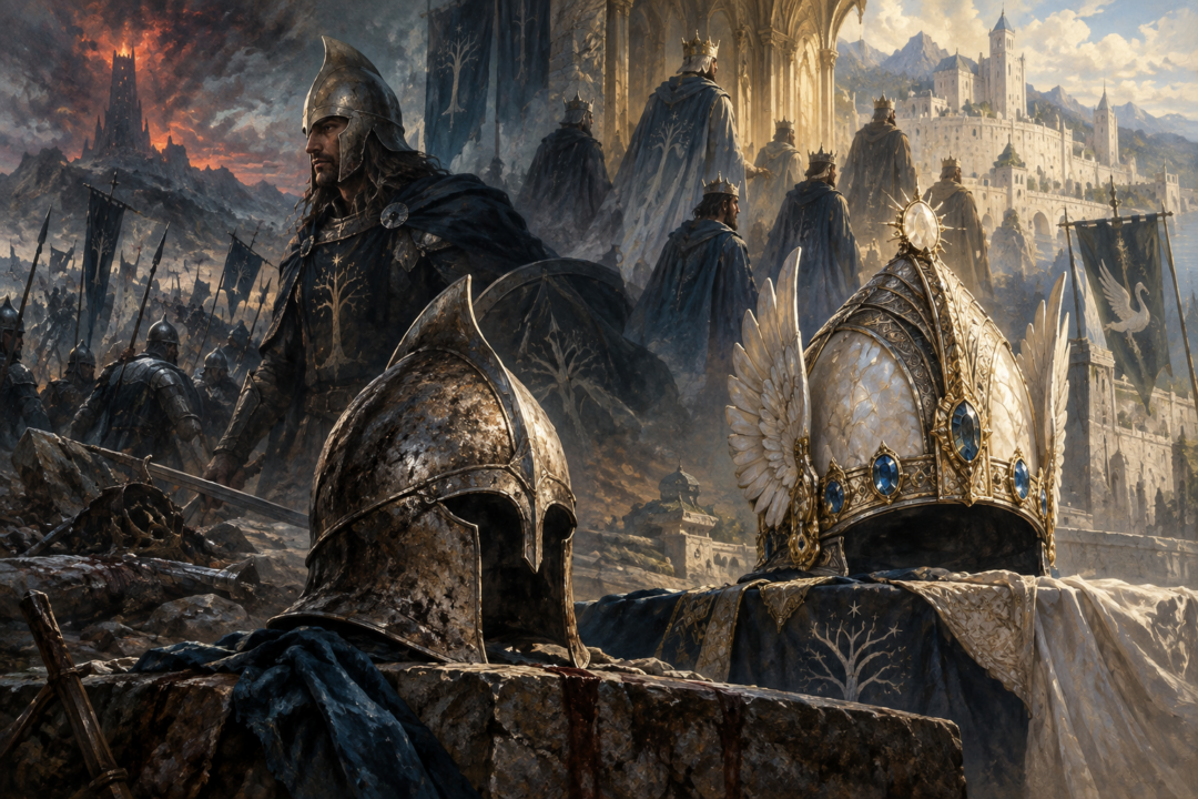 Isildur’s plain Númenórean war-helm contrasted with the later jewelled Crown of Gondor worn by Aragorn.