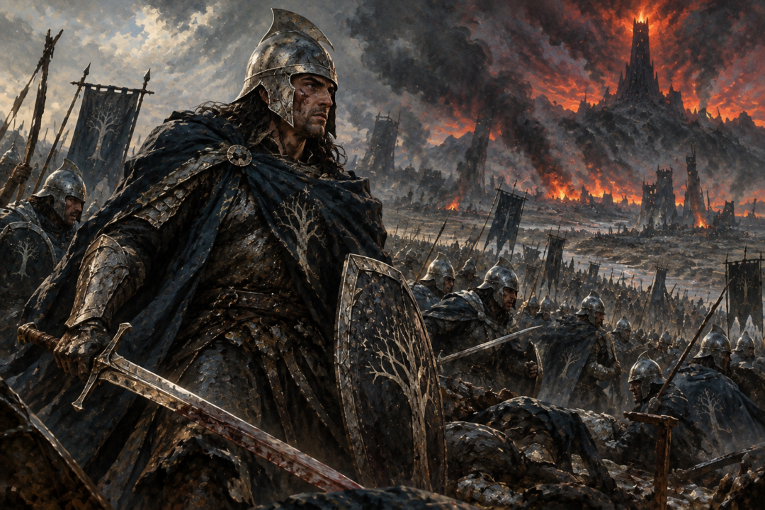 Isildur wearing a plain Númenórean war-helm during the Battle of Dagorlad in the Last Alliance.