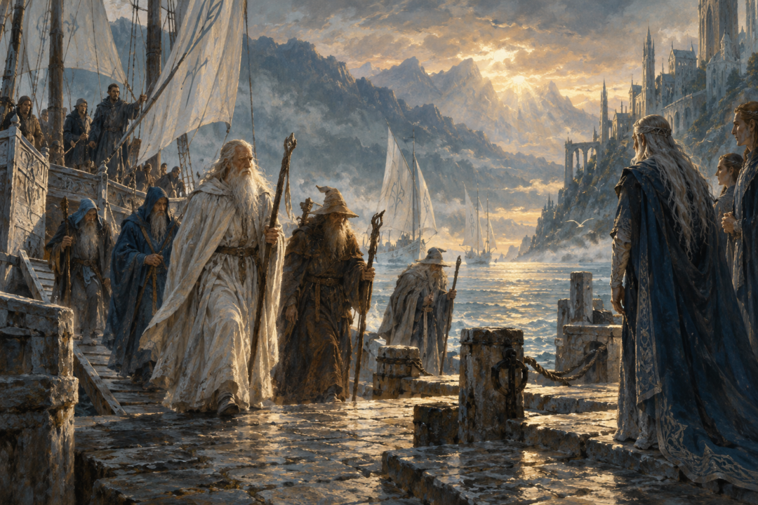 The Istari arriving as elderly travellers at the Grey Havens in the early Third Age
