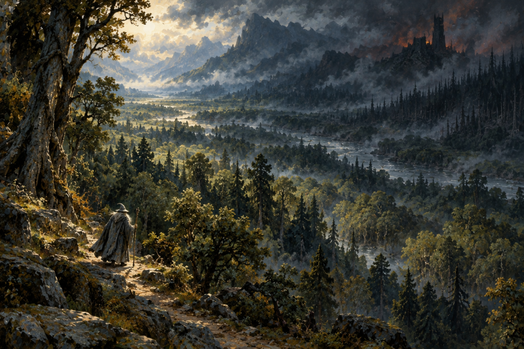 An elderly Wizard travelling near Greenwood as the first shadow gathers around distant Dol Guldur