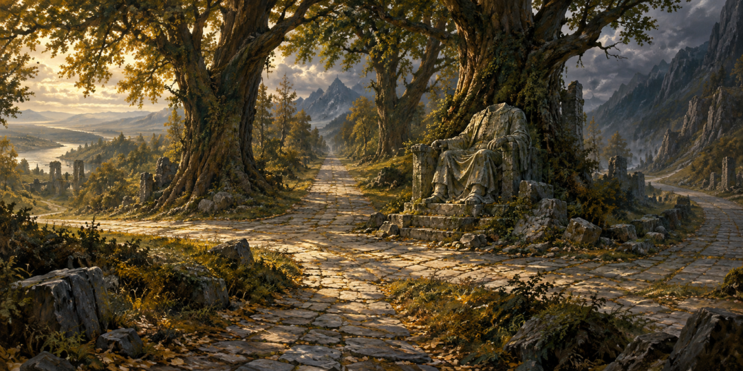 Ancient Cross-roads in Ithilien where four roads meet beneath great trees beside a ruined statue of a Gondorian king.