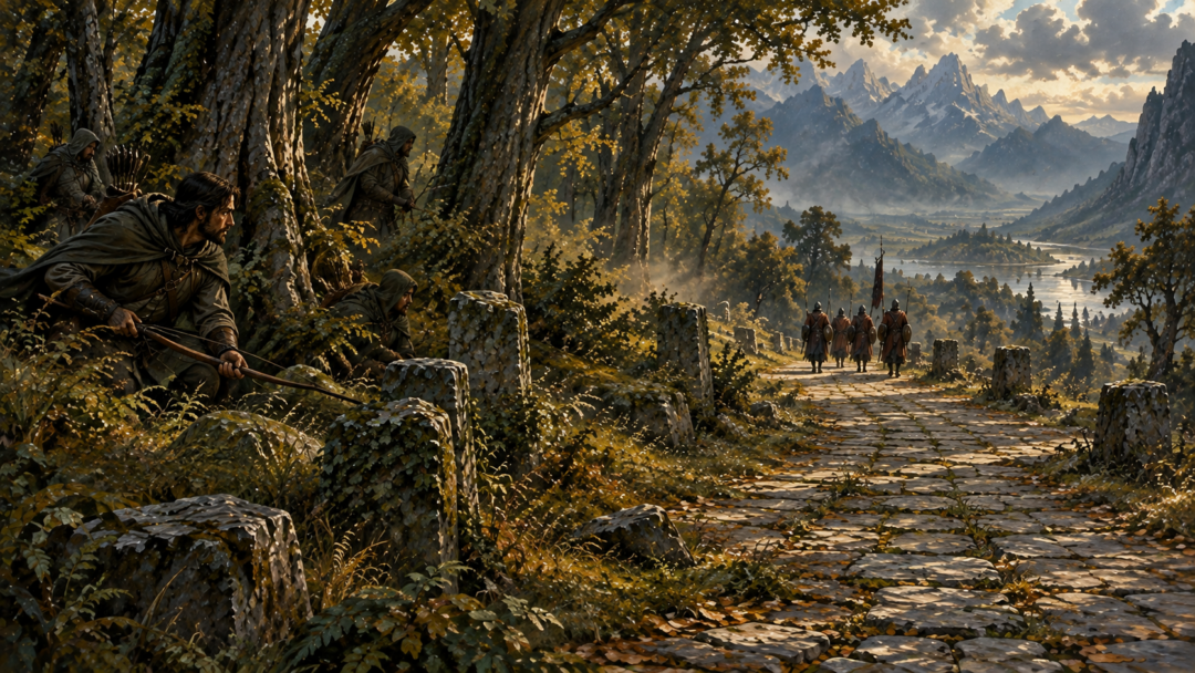 Gondorian Rangers moving secretly through the woods beside an ancient Ithilien road as Southron soldiers travel in the distance.