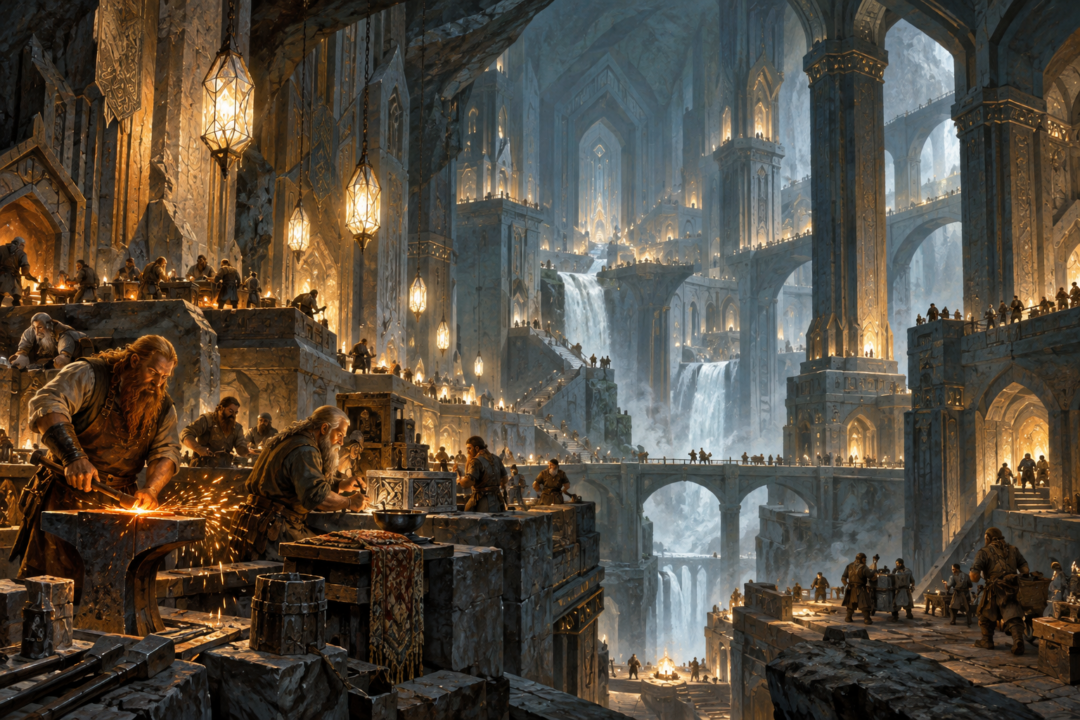 Khazad-dûm in its glory with illuminated Dwarven halls, pillars, craftsmen and workshops beneath the Misty Mountains