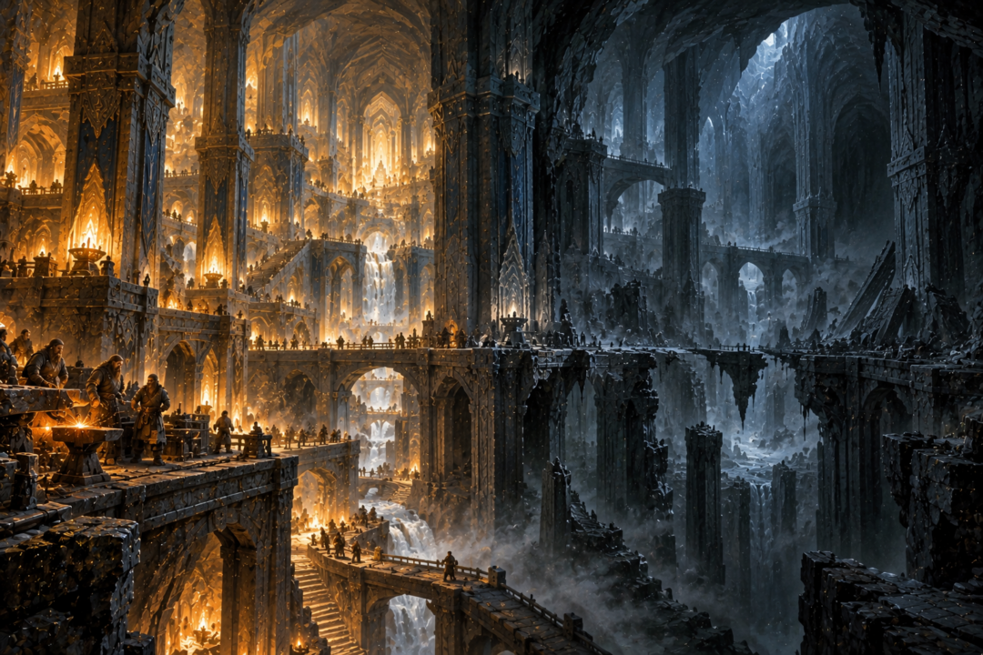 The same Dwarven hall shown as flourishing Khazad-dûm and centuries later as the dark abandoned realm of Moria
