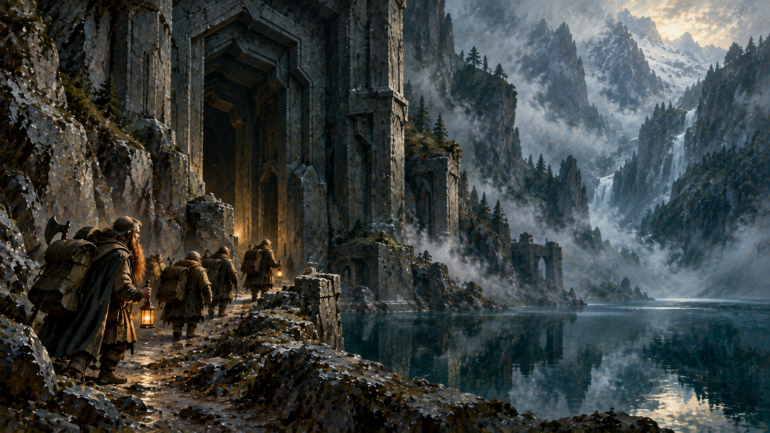 An imagined future reconstruction of a Moria entrance—not the book’s original Doors of Durin or evidence of a documented Fourth Age trade route.