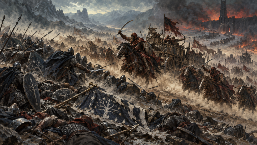 King Ondoher's Gondorian army overwhelmed by Wainrider cavalry near the Morannon during the battle that left Gondor without its king and two princes.