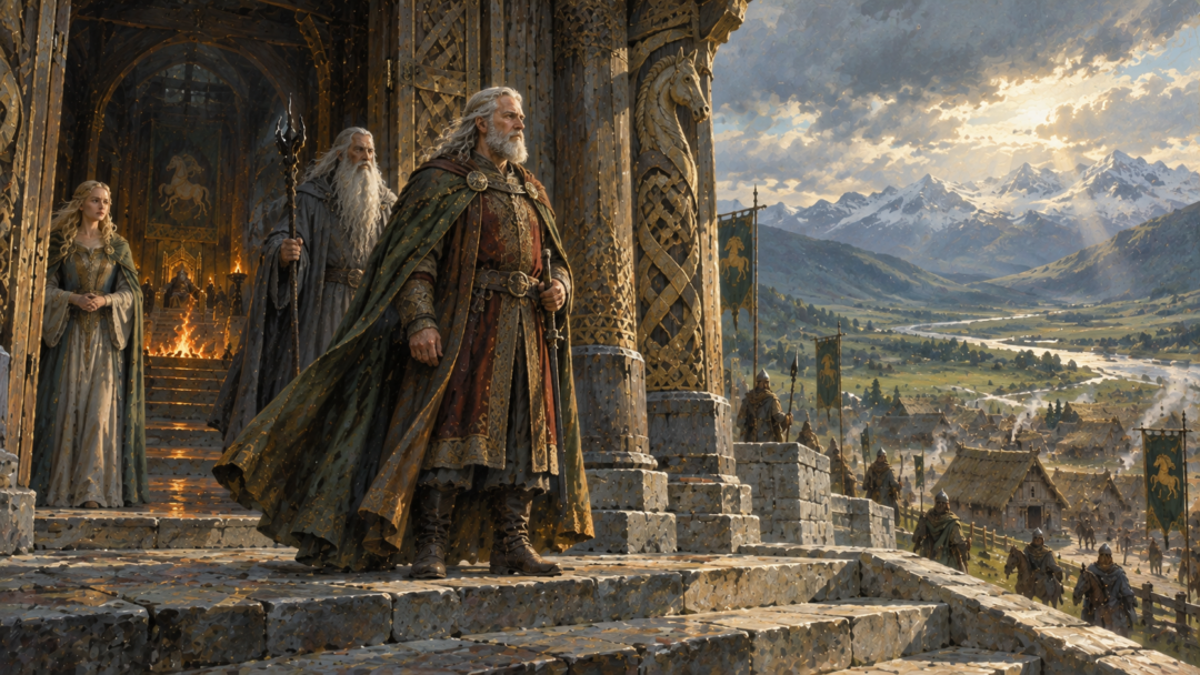 King Théoden emerges into daylight outside Meduseld, overlooking Edoras, while the glowing hearth and royal throne remain visible through the open doors.