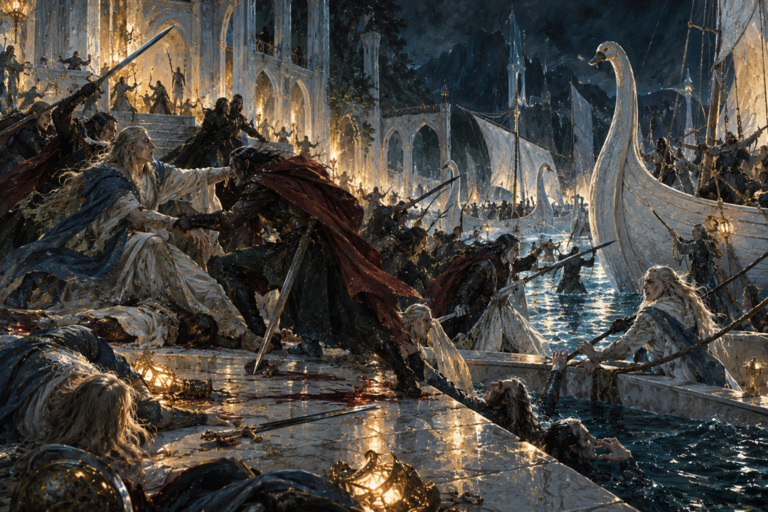 Noldor and Teleri clashing beside the white swan ships during the Kinslaying at Alqualondë.