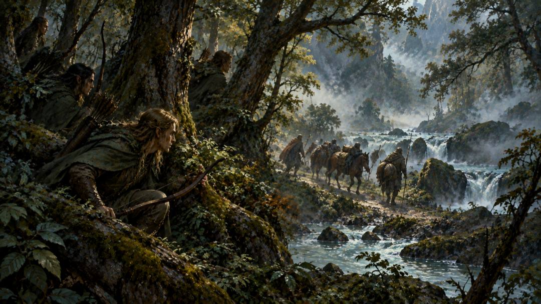 Green-elves concealed among the forests and riverbanks of Ossiriand as an unaware traveler passes nearby.