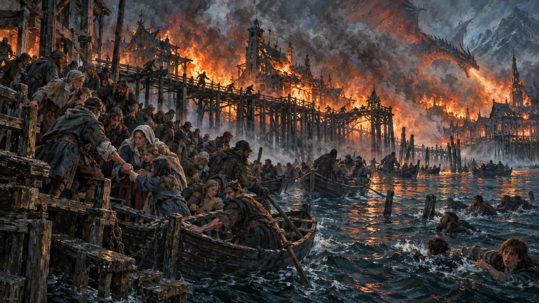 Families escaping by rowing boat from burning Lake-town as flames engulf the wooden buildings and platforms above the dark lake.
