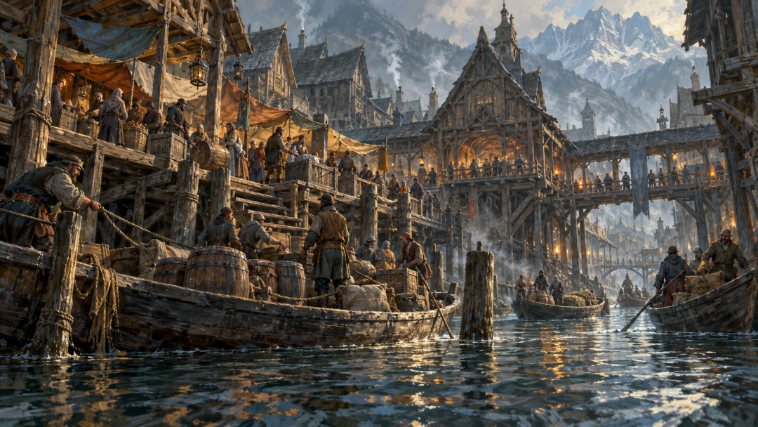 Merchants and boatmen unloading barrels beside the central market pool of Lake-town, surrounded by wooden quays and buildings raised on piles.