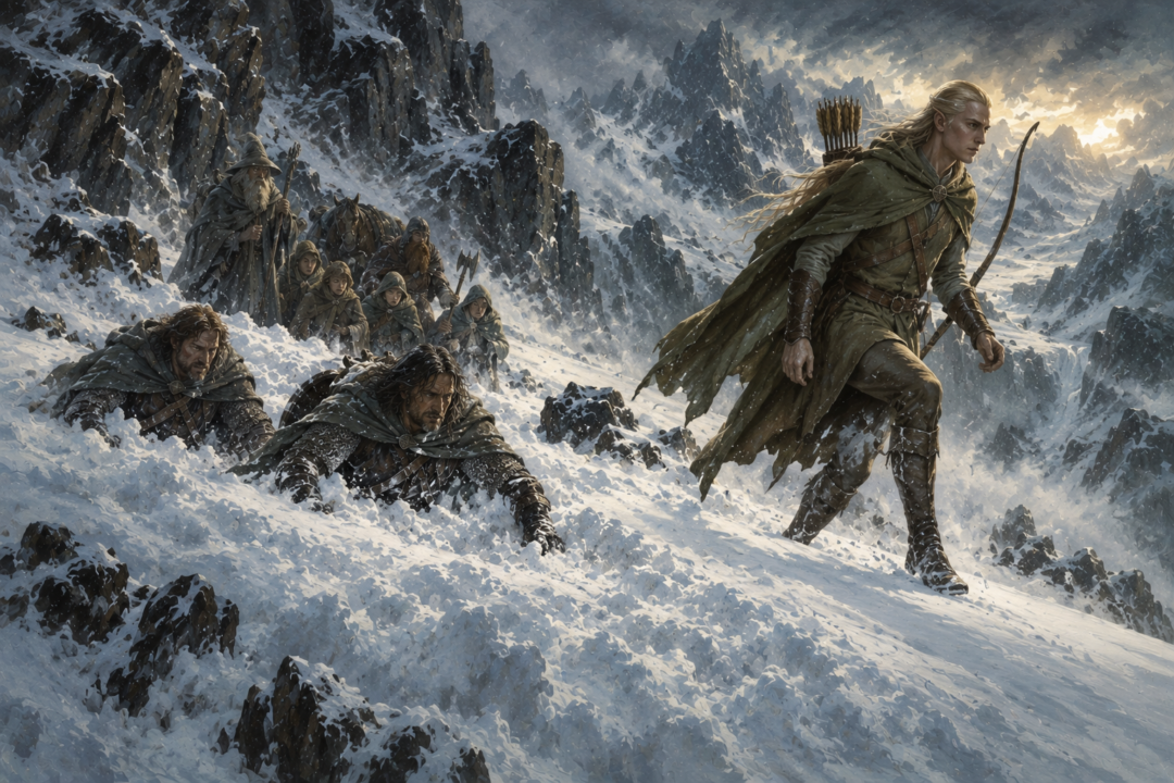 Legolas crossing the snow lightly as Aragorn and Boromir break a trail through the deep drifts of Caradhras.