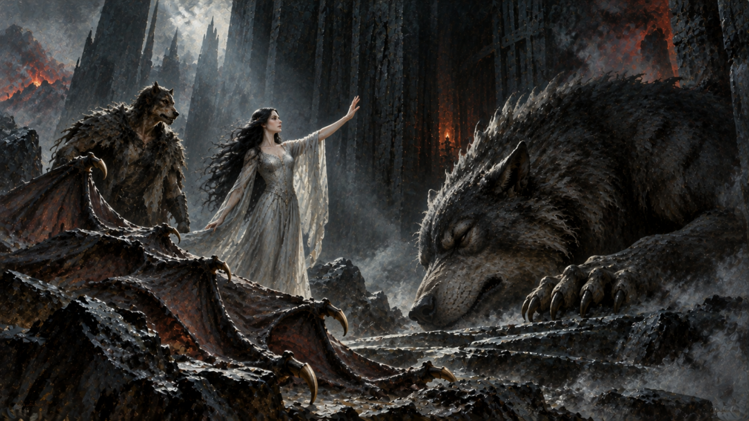 Lúthien reveals her true form and commands Carcharoth to sleep, with Thuringwethil's discarded winged disguise beside her.