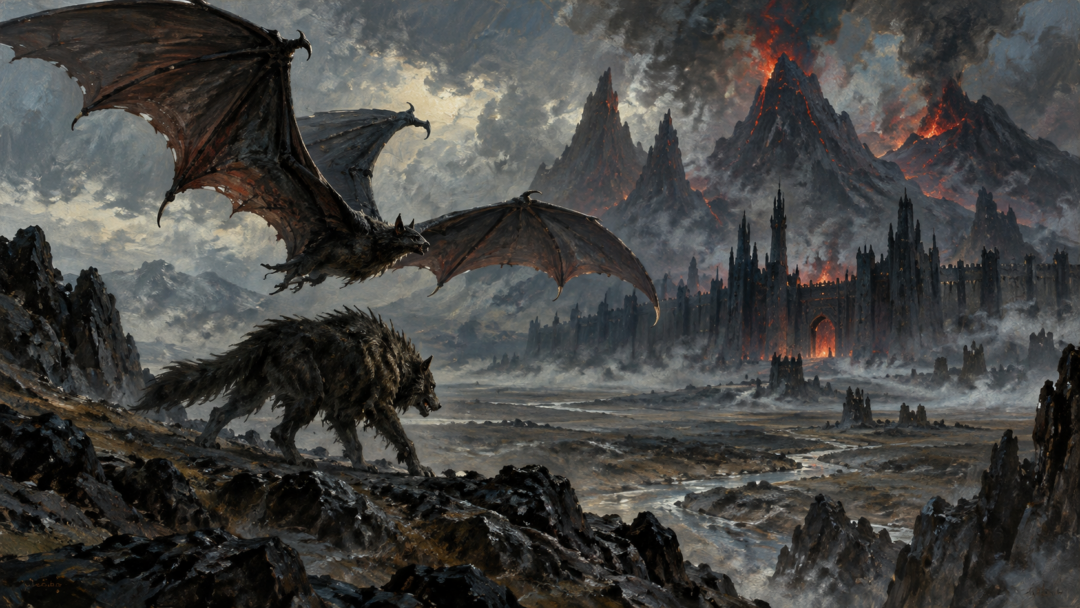 Lúthien in Thuringwethil's bat-winged form flies above Beren disguised as Draugluin on the desolate approach to Angband.