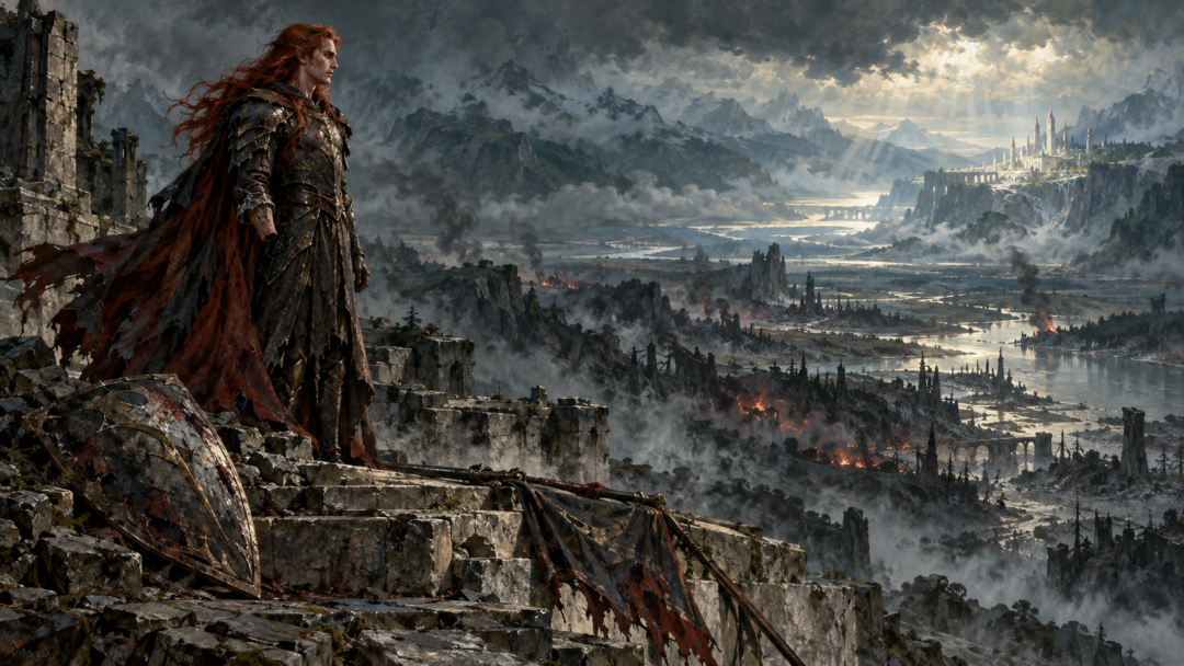 Maedhros stands on a ruined terrace after the Battle of Unnumbered Tears, looking across Beleriand toward a distant Elven stronghold.
