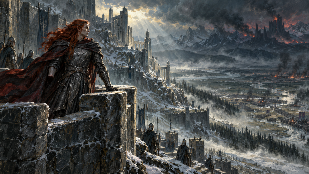 Maedhros stands upon the battlements of Himring overlooking the eastern marches of Beleriand during the Siege of Angband.