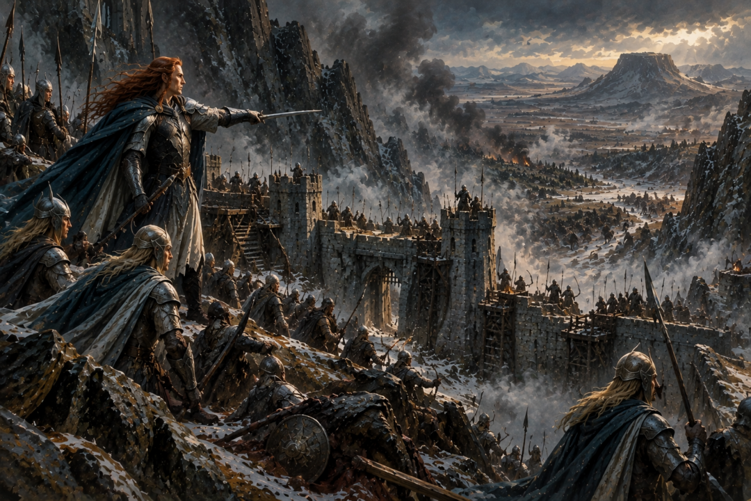 Maedhros and surviving Noldorin warriors closing the Pass of Aglon again after the Dagor Bragollach.