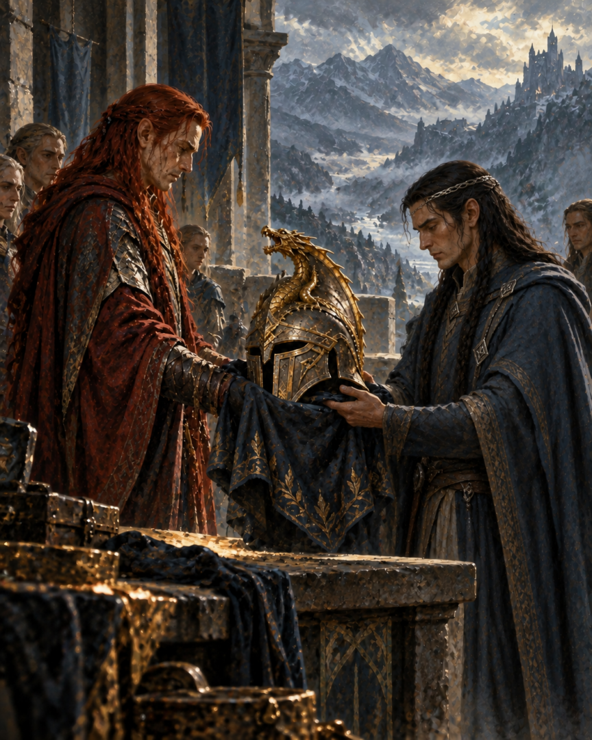 Fingon receives the Dragon-helm sent by Maedhros as a gift honoring their friendship and Fingon's victory against Glaurung.