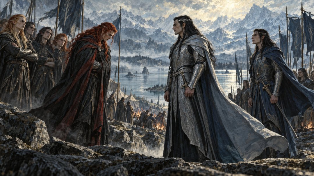 Maedhros acknowledges Fingolfin as High King beside Lake Mithrim while Fingon and the displeased sons of Fëanor witness the reconciliation.