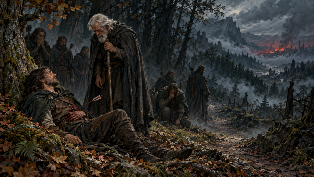 The wounded Manthor rests against a tree as Húrin stands nearby after Avranc's fatal arrow brings the House of Haleth to an end.