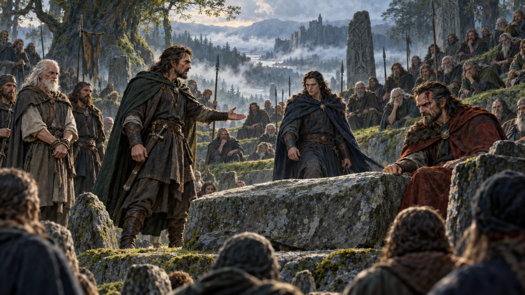 Manthor challenges Hardang's authority to judge his own grievance as Avranc approaches the Angbor during Húrin's trial.
