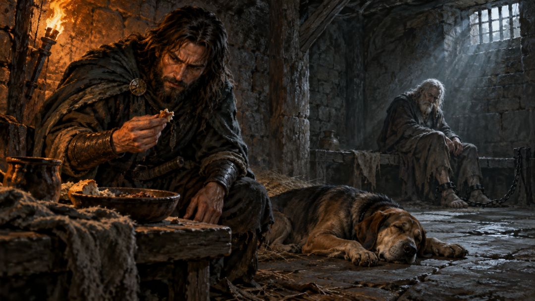 Manthor examines the drugged prison food beside a sleeping hound while the weakened Húrin remains imprisoned in Brethil.
