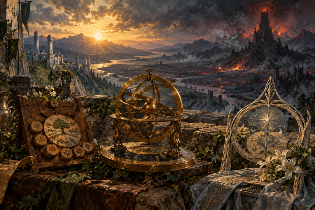 Sunrise over fallen Barad-dûr symbolizing different Middle-earth calendars reckoning the same day