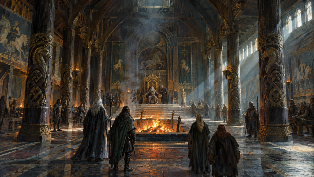 Interior of Meduseld showing the central wood-burning hearth, carved pillars, and King Théoden seated on the raised golden throne at the far end of the hall.