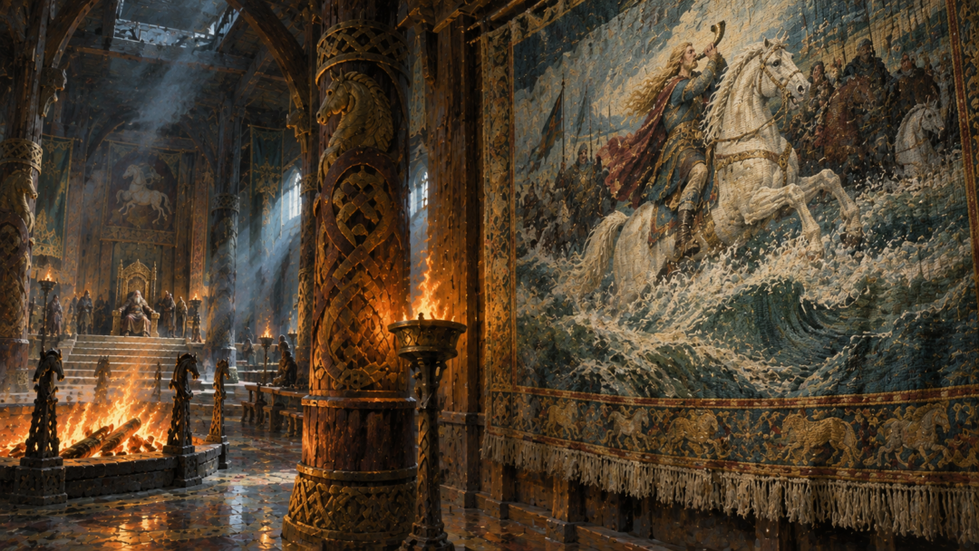 A woven tapestry of Eorl the Young riding Felaróf through rushing water hangs above the firelit stone floor of Meduseld.