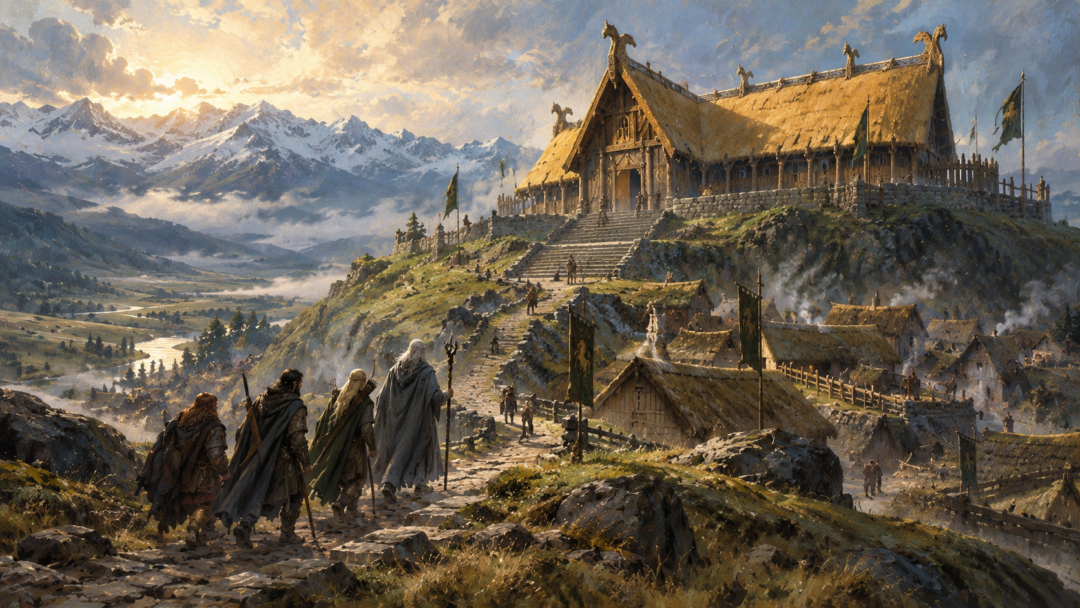 The Golden Hall of Meduseld rises above the timber houses of Edoras as Gandalf and his companions approach along the ascending road.