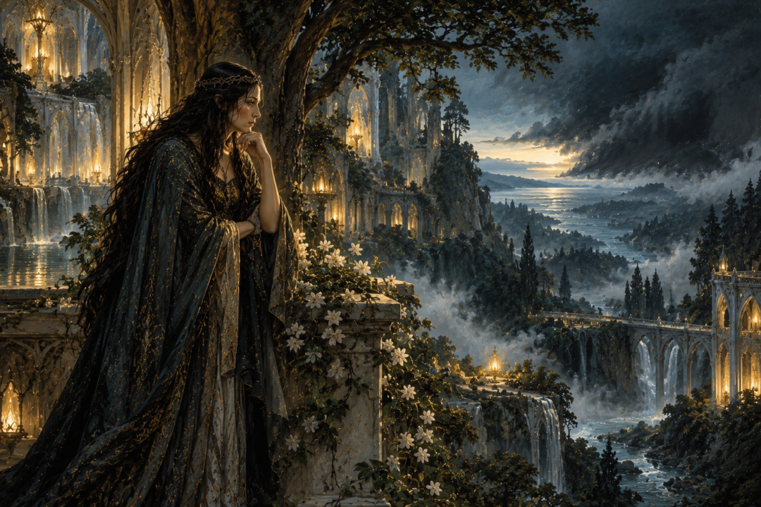 Melian contemplating the shadowed road from Aman after sensing that Galadriel has concealed part of the Noldor's history.