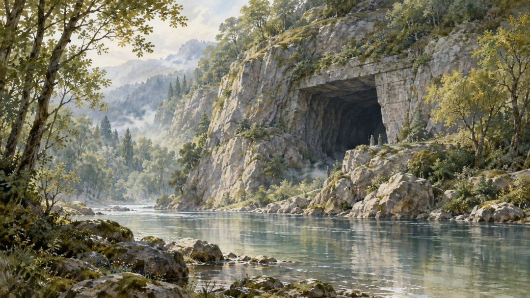 Menegroth’s rock-cut cavern stronghold in the wooded hills beside the Esgalduin in Doriath, its restrained plain entrance cut into the cliff.