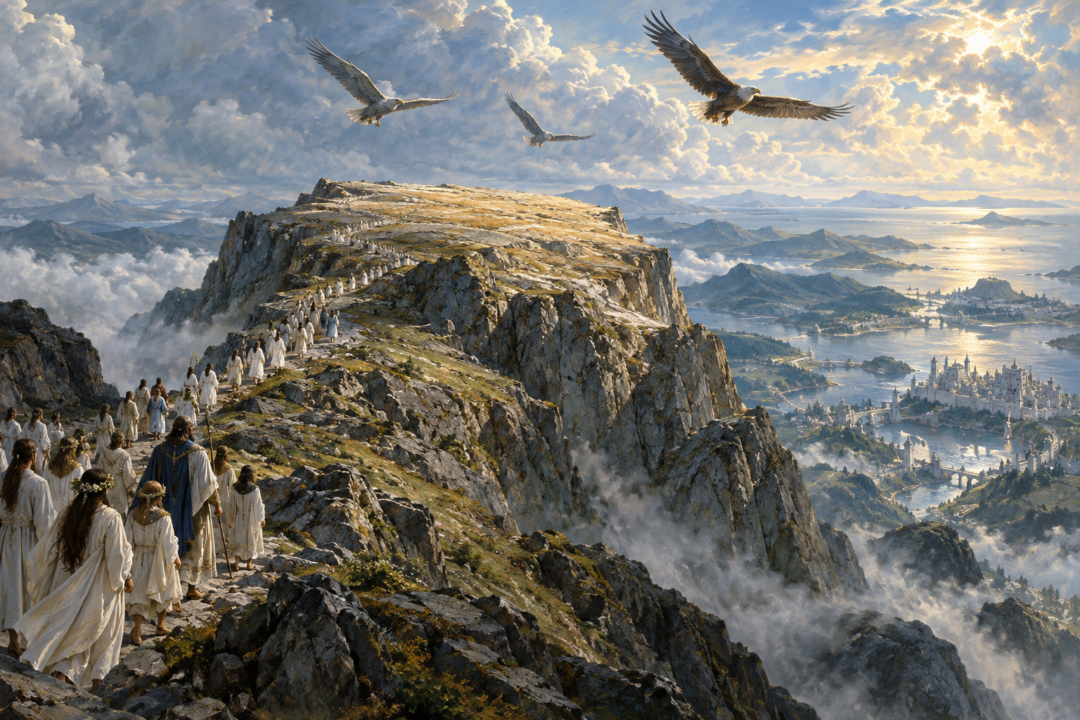 Silent Númenóreans ascending the bare sacred summit of Meneltarma beneath three circling Eagles.