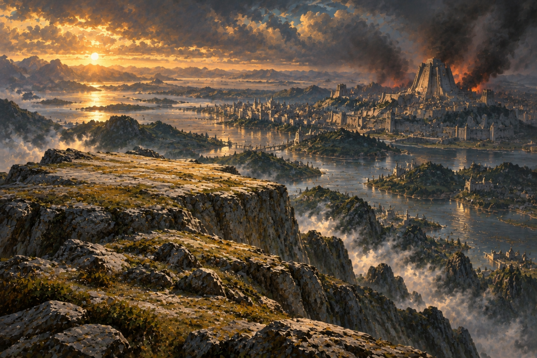 The bare summit of Meneltarma contrasted with the distant smoke-darkened temple in late Númenor.