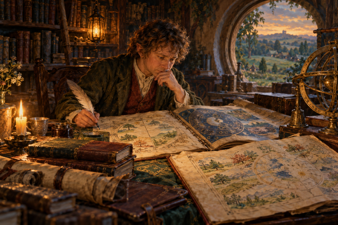 Hobbit scholar comparing Shire, Gondorian, and Elvish calendar records in a lamplit study