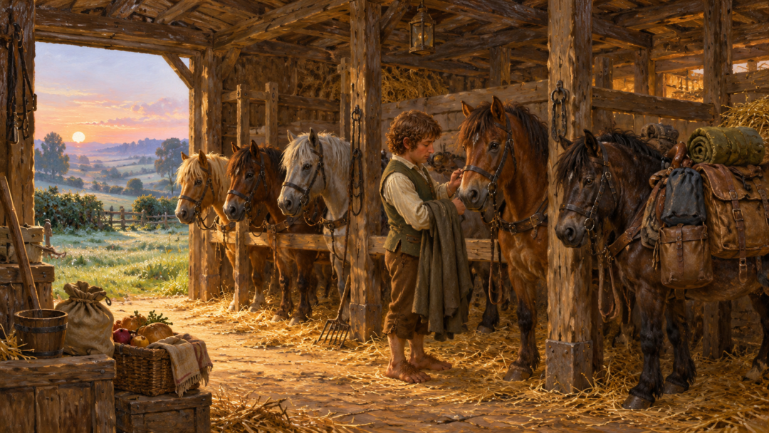 Interpretive illustration of Merry checking prepared pony equipment in a stable near Crickhollow while the early morning sky begins to brighten.
