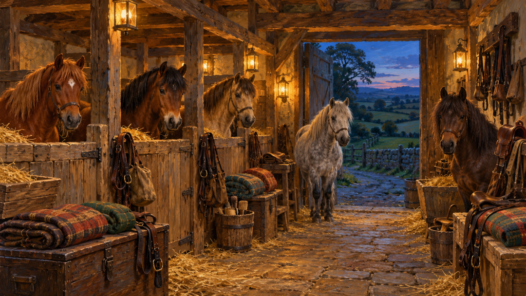 Interpretive illustration of five small ponies waiting together in a rustic Buckland stable, prepared for a hobbit journey.