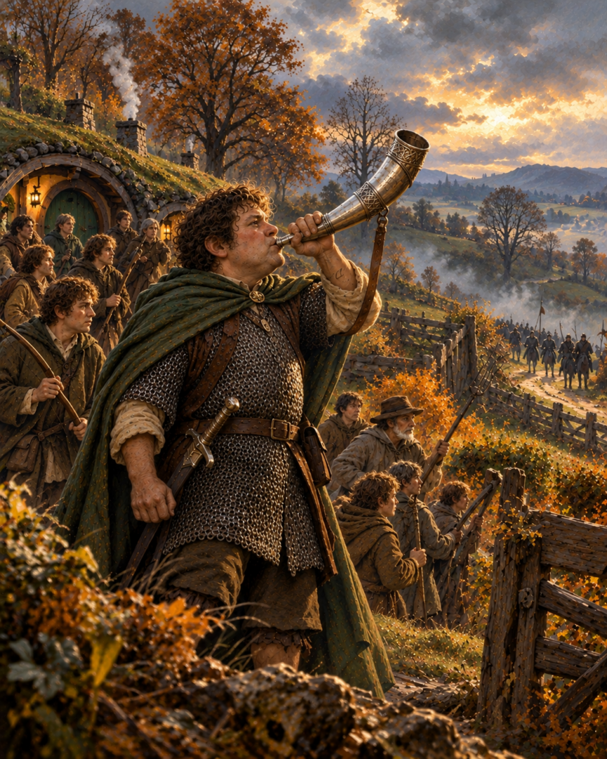 Merry Brandybuck sounds the silver Horn of the Mark as hobbits gather to resist the occupation of the Shire.