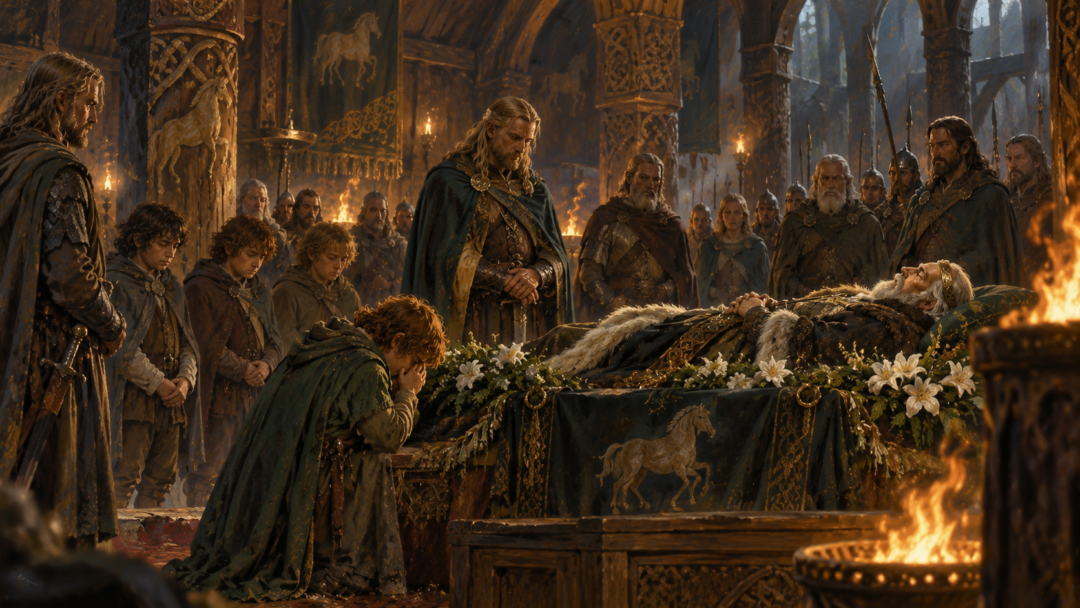 Merry and the other hobbits paying their respects to King Théoden in Meduseld before his burial.