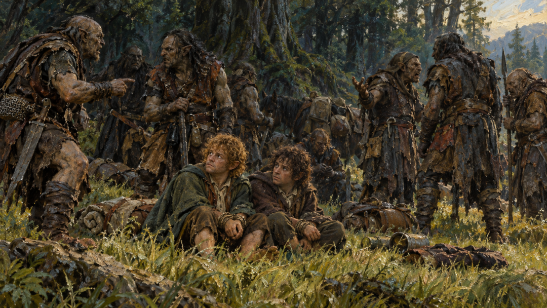 Merry and Pippin watch rival Orc factions argue inside an encircled camp near Fangorn Forest.