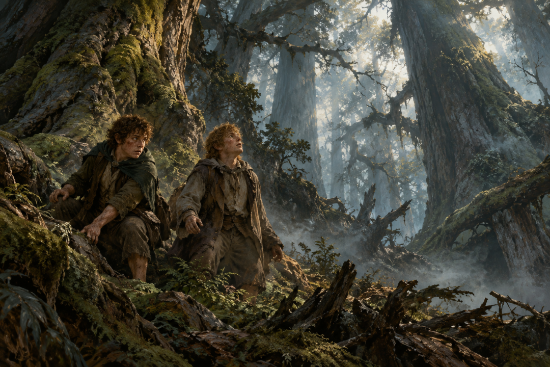 Merry and Pippin entering the ancient trees of Fangorn Forest after escaping their Orc captors.