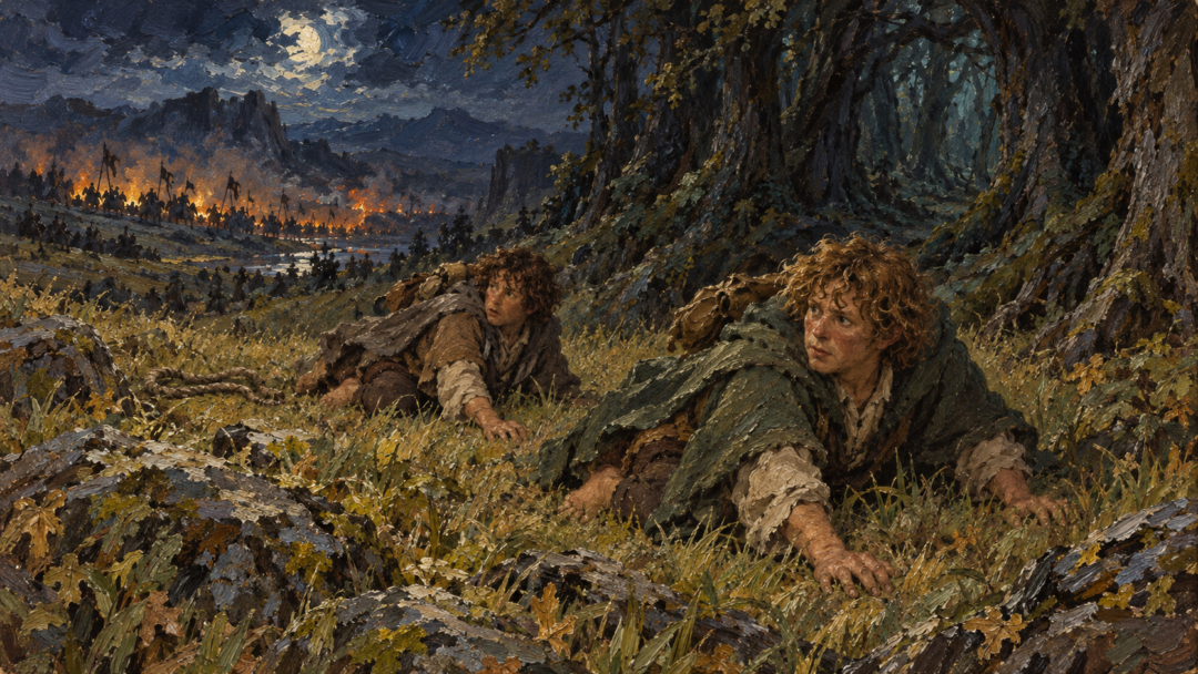 Merry and Pippin crawl away through the grass during the night battle between the Orcs and Riders of Rohan.