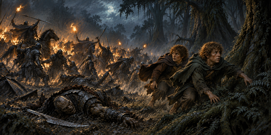 Merry and Pippin escape toward Fangorn Forest as the Rohirrim attack the divided Orc companies in the darkness.