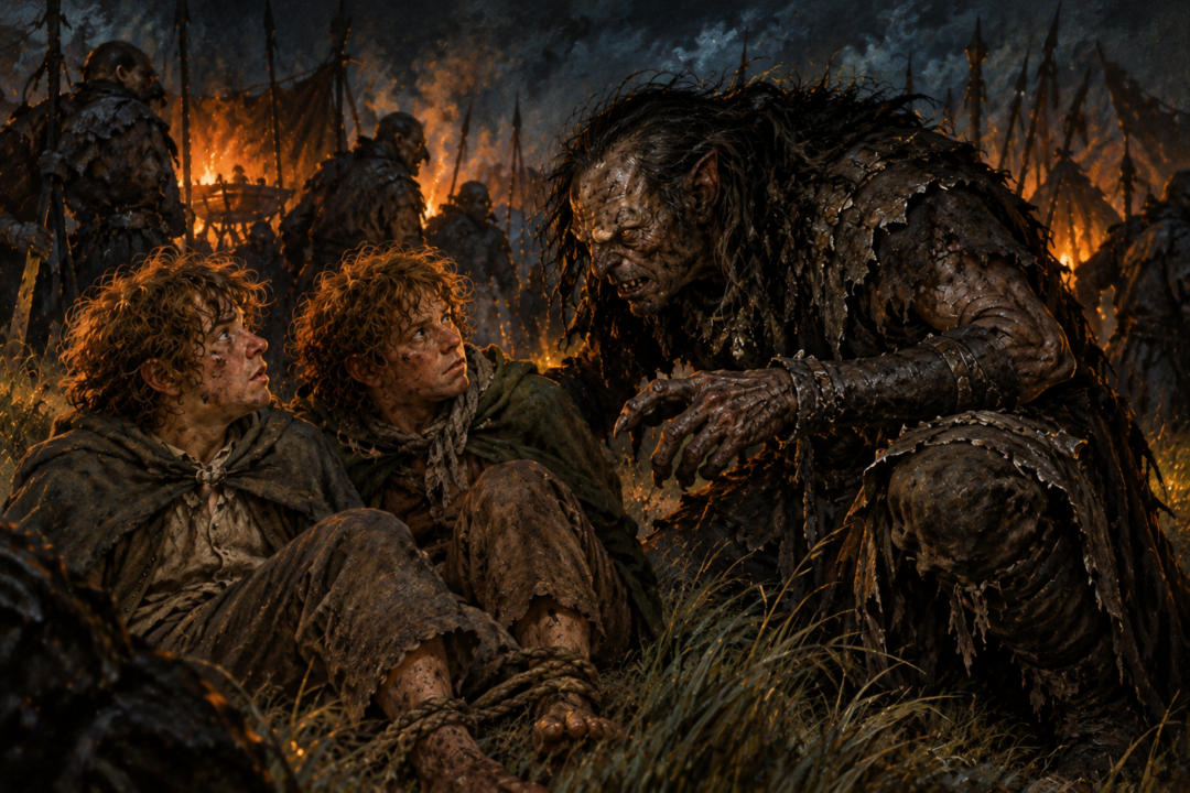 Merry and Pippin exploiting Grishnákh’s suspicion about the One Ring