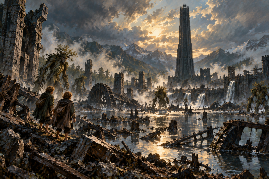 Merry and Pippin surveying flooded Isengard and the ruined works surrounding the tower of Orthanc.